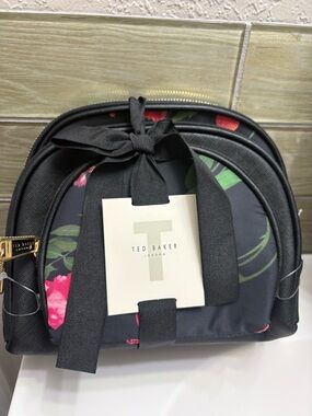 Ted Baker Black Floral Bow Cosmetic Pouch 3 PIECE